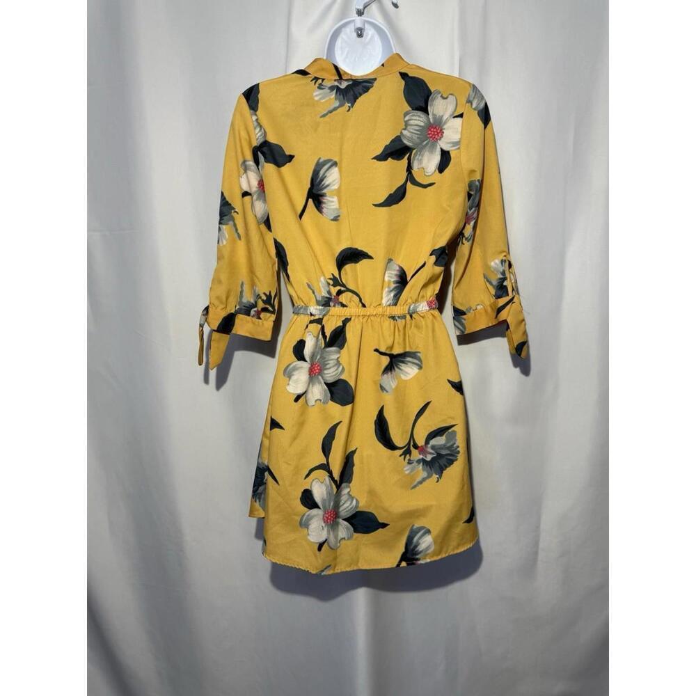 Hint of Blush Yellow Floral Mini Dress S 3/4 Sleeve Draw String Waist Boho - Picture 2 of 8